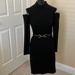 Cold shoulder stretch knit dress with gold accents